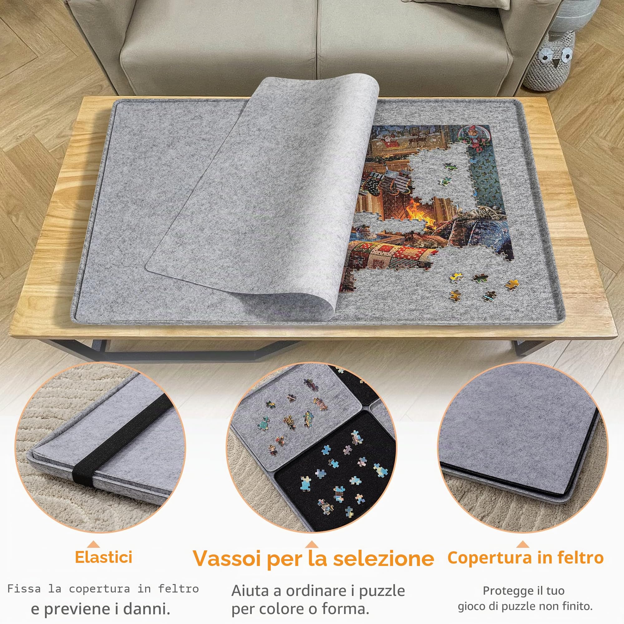 Lavievert Tavola per puzzle con 8 vassoi e copertura per puzzle, tappetino arrotolabile portatile, tavolo per puzzle leggero, tavole per puzzle e supporto per riporre fino a 1500 pezzi, grigio chiaro
