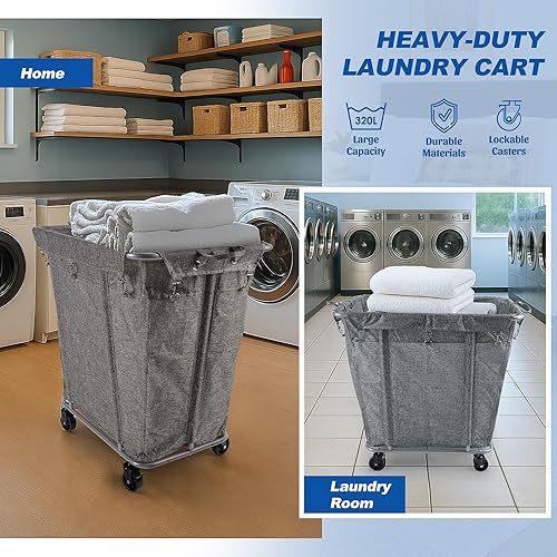 Miniatura 10 de PLKOW Carrito de lavandería con ruedas, clasificador de lavandería grande de 280 litros, 2 secciones para comercialhogar, carrito de lavandería con