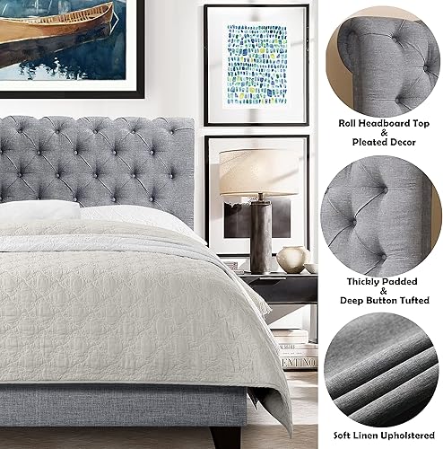 Miniatura 11 de Rosevera Gideon - Marco de cama tapizado de tela con cabecera ajustable, estilo Chesterfield, soporte de listones de madera, fácil montaje, tamaño