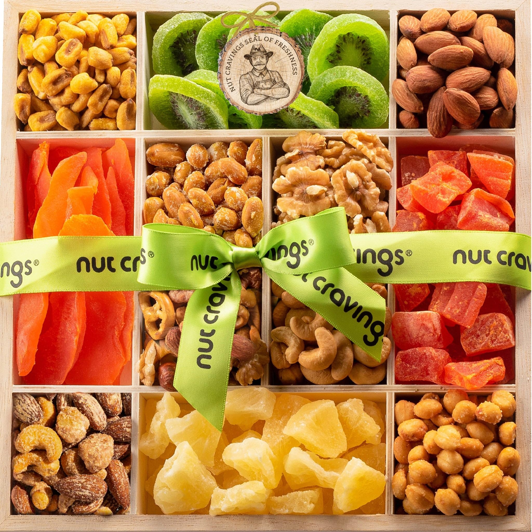 NUT CRAVINGS - Halloween Treats For Adults Dried Fruit & Mixed Nuts Gift Basket in Reusable Wooden Tray + Ribbon (12 Assortments) Holiday Xmas Christmas Food Arrangement, Healthy Snack Care Package,