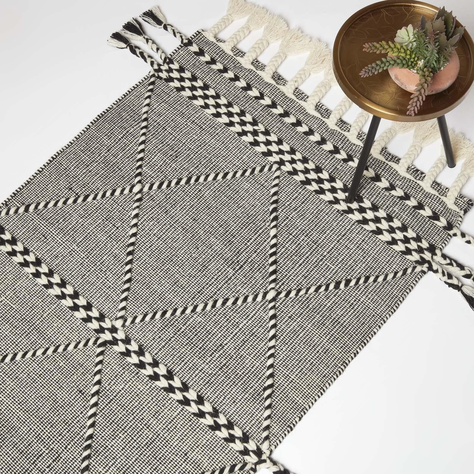 HOMESCAPES Tapis Kilim en Laine Edessa, Tapis rectangulaire 160x230 cm, Tapis Noir et Blanc Artisanal