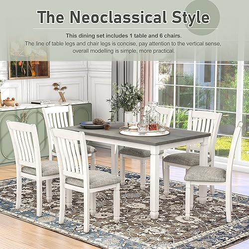 Miniatura 8 de Neoclassical - Juego de mesa de comedor de 7 piezas madera maciza mesa de comedor rectangular con 6 sillas tapizadas y patas formadas juego de