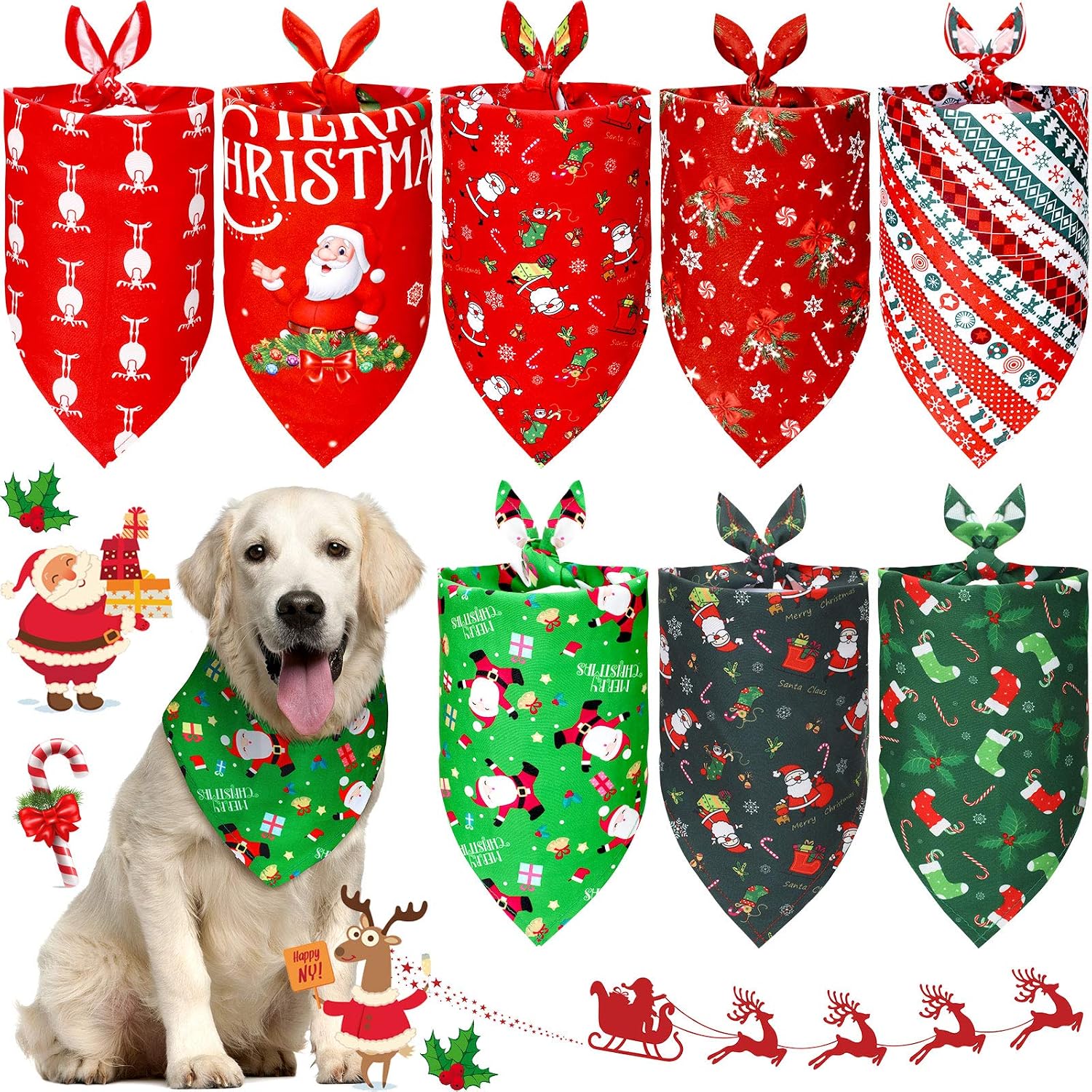 8 Pieces Christmas Dog Bandana Triangle Bandana Pet Bibs Washable Santa Claus Bandanas Kerchief with Stylish Stocking Snowflake Deer…
