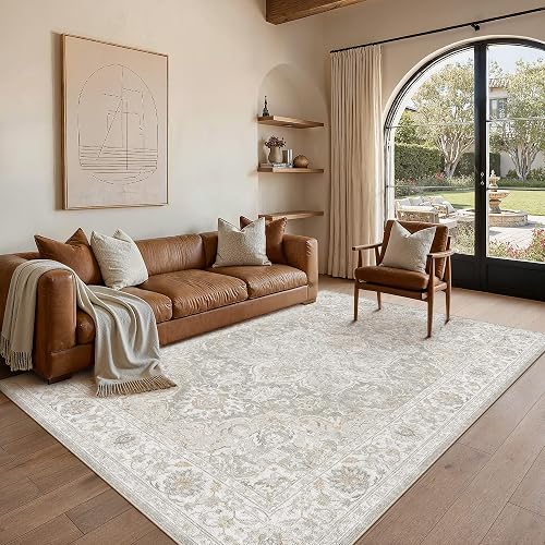 HUGEAR 6x9 Washable Area Rugs for Living Room Bedroom Beige Grey Vintage Large Soft Carpet Rug Non-Shedding & Non-Slip Low Pile Indoor Home Decor Dining Room Kitchen Office Floor Mat