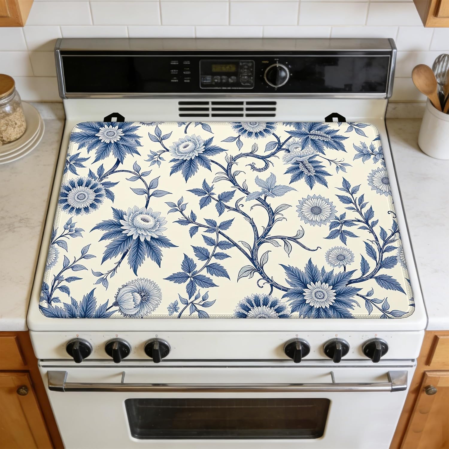 Blue Indian Floral Stove Top Cover for Electric Stove 28x20 Inch Silicone Stove Topper & Protector, Decorative Kitchen Mat for Electric/Glass Stove Top