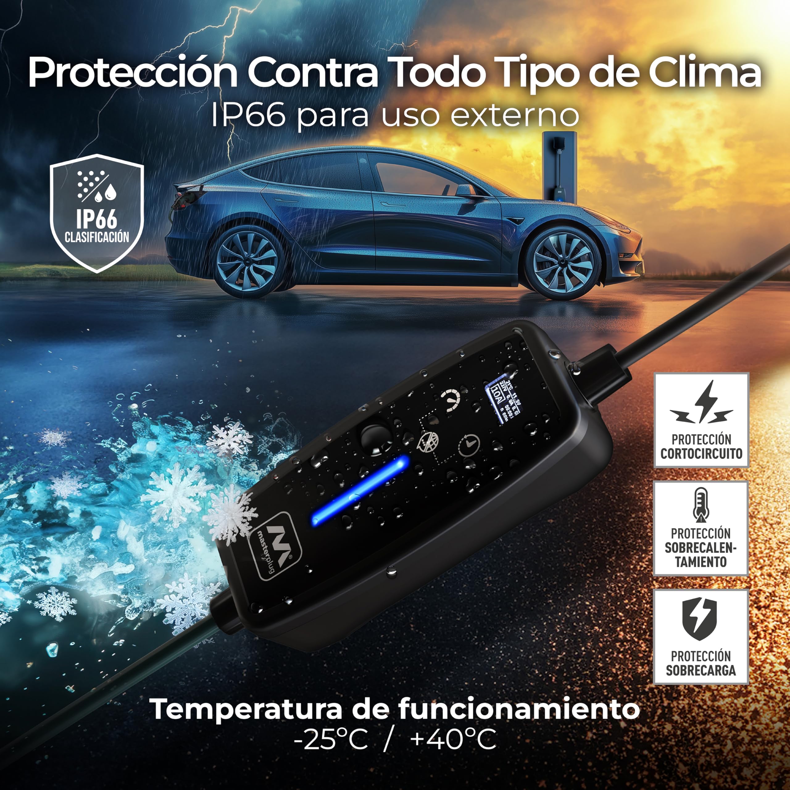 Masterplug Cable de Carga VE para Vehículos Eléctricos e Híbridos, 10 Metros, Modo 2, Enchufe Schuko de 3 Pines EU a Cargador de Coche Tipo 2, 3,6kW, 16A, EVCM221610G/EU