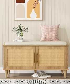 Akxomel Rattan Shoe Storage Bench with Cushion, Adjustable Shelves, 2 Doors, Natural Oak Entryway Bench 39.4"W x 20"H