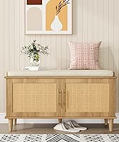 Natural Rattan Shoe Storage Bench with Cushion, Entryway Shoe Cabinet Bench with 2 Doors, 15