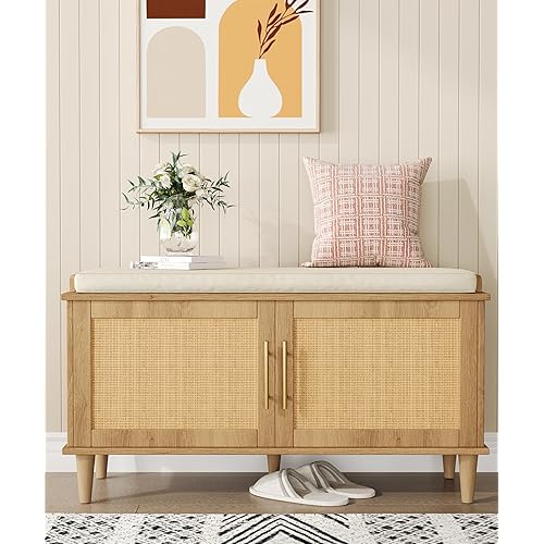 Natural Rattan Shoe Storage Bench with Cushion, Entryway Shoe Cabinet Bench with 2 Doors, 15"D x 39.4"W x 20"H, Wooden Shoe Organizer, Adjustable Shelf, Solid Wood Legs, for Hallway, Bedroom