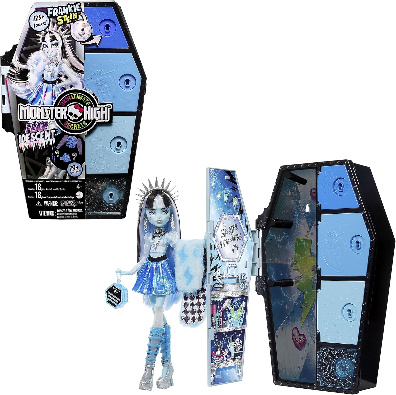 Monster High Skulltimate Secrets Fearidescent Series Doll & Accessories Set, Frankie Stein with Dress-Up Locker & 19+ Surprises