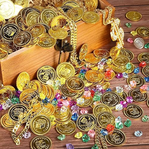 Miniatura 6 de 400 piezas de oro pirata monedas de plástico gemas pirata tesoro joyas de acrílico para niños niñas tema pirata juego tesoro caza fiesta favor
