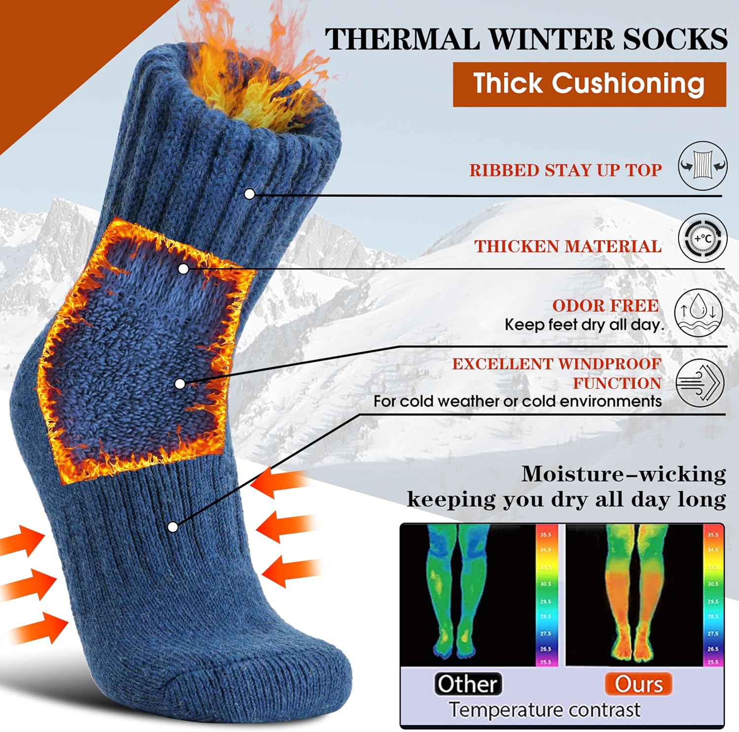 Merino Wool Boot Socks Thermal Winter Warm Thick Cozy Hiking Socks for Men Women 3 Pairs - Image 3