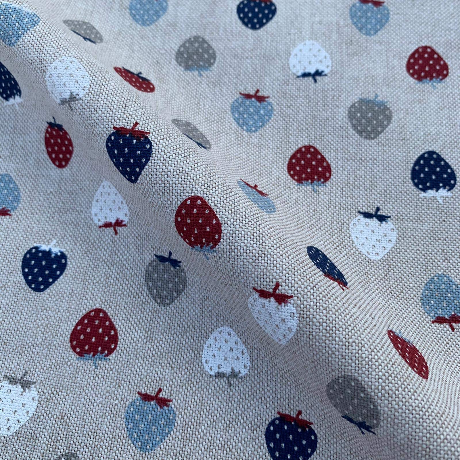 Strawberries Fruits Print Cotton Rich Linen Look Fabric for Curtains Blinds Craft Bags Sewing Quilting Patchwork & Upholstery | 55" - 140 cm Wide | Sold by The Half Metre (Blue)