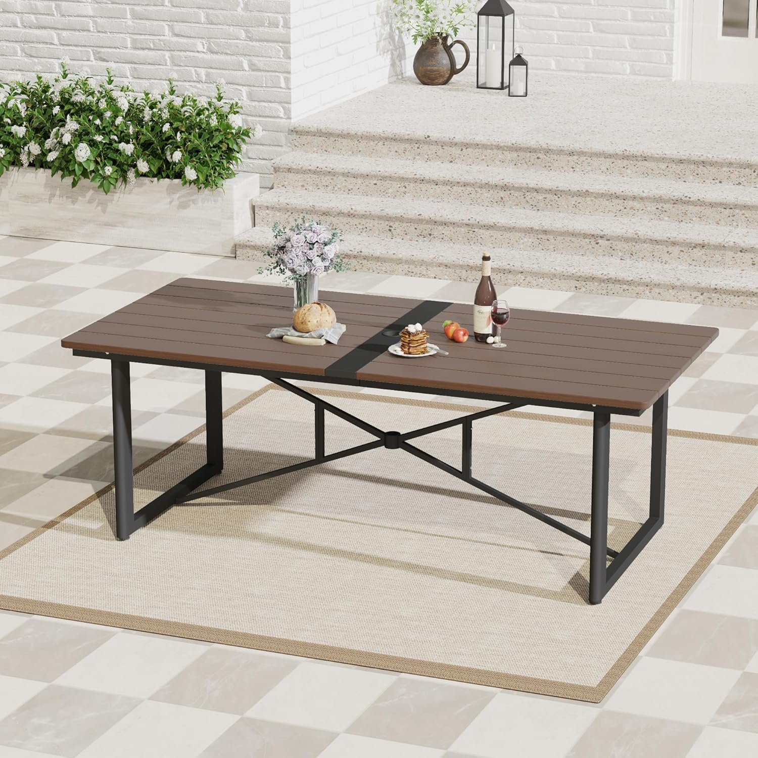 8-Person Outdoor Acacia Wood Dining Table, Patio Dining Table with Powder-Coated Aluminum Frame, Rectangle Outdoor Dining Table with Umbrella Hole for Deck Backyard Garden