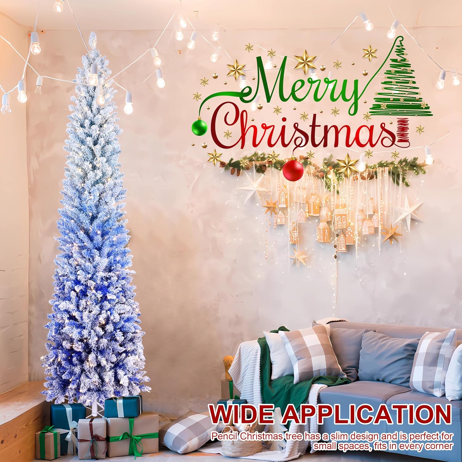 7FT Prelit Pencil Blue Christmas Tree, Artificial Slim Gradient Flocked Xmas Tree with 300 LED lights (8 Modes),725 PVC Branch Tips,with Foldable Metal Stand,Idear for christmas Party & Holiday Decor.