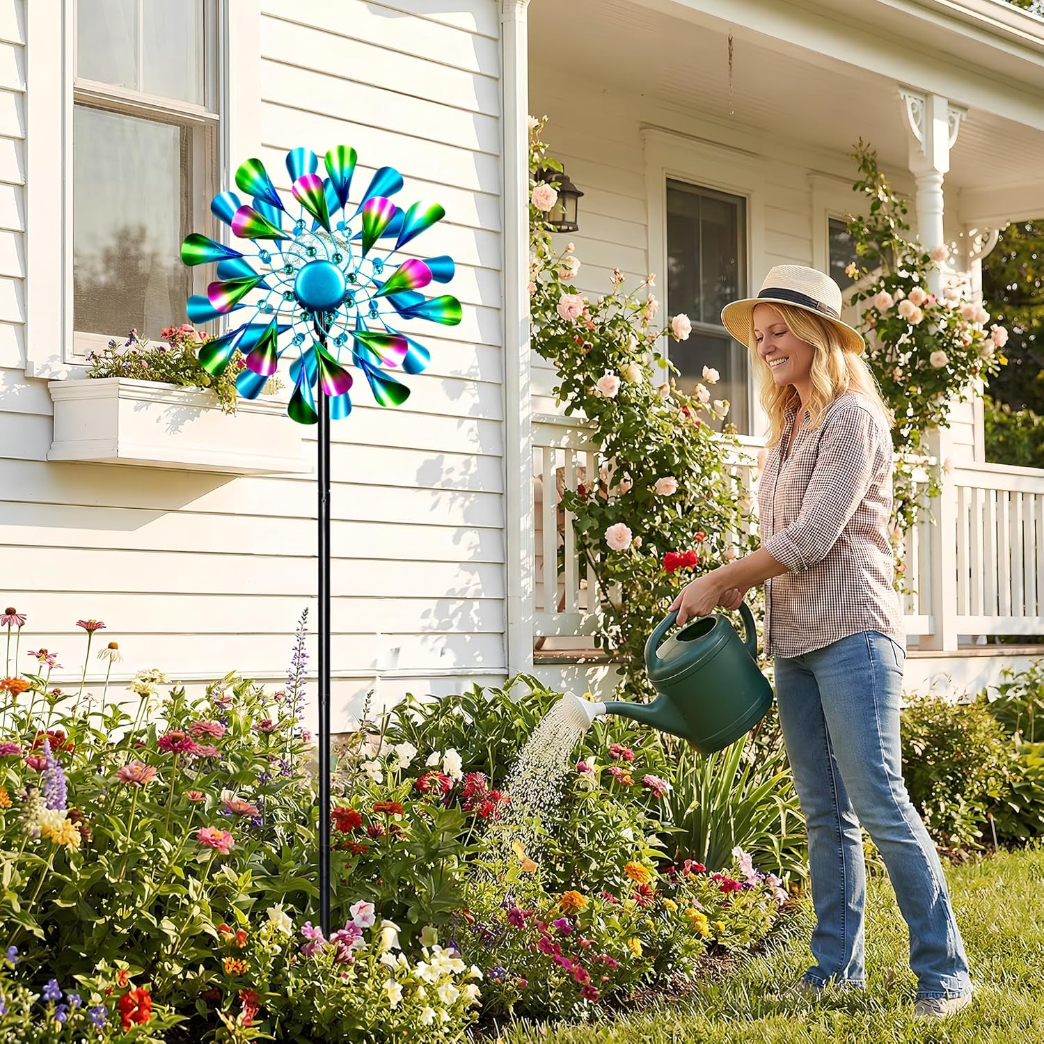 Solar Wind Spinner Outdoor Metal - Peacock Kinetic Garden Sculptures with Color-Changing LED Lights, Waterproof Wind Catchers Yard Art Decor for Patio Lawn, for Women (Green)