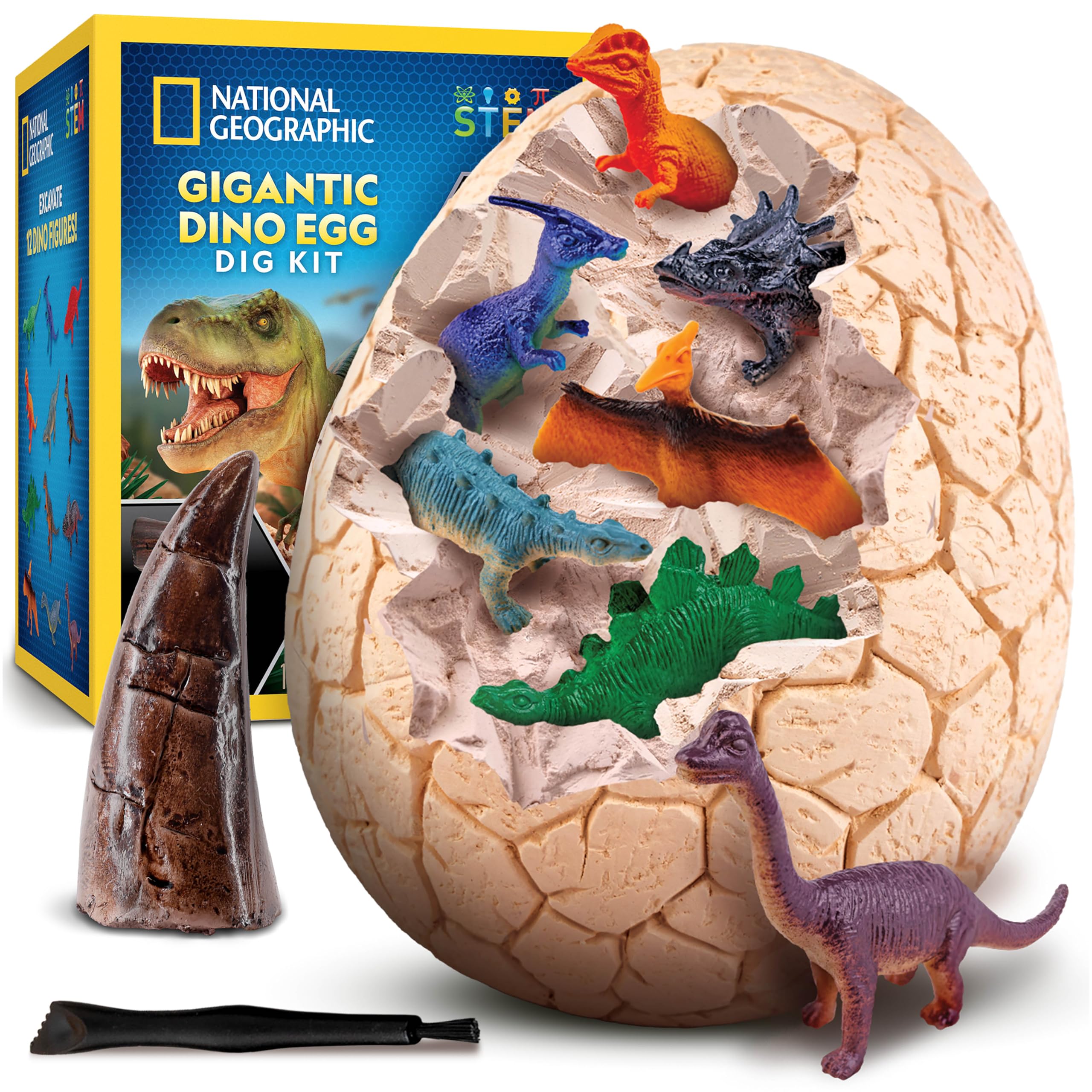 NATIONAL GEOGRAPHIC Jumbo Dinosaur Egg Dig Kit - Dig Out 12 Dino Figures & Replica T. Rex Tooth from Giant 6" Egg, Dino Egg, Jumbo Egg, Dinosaur Egg Toys, Educational Science Kits