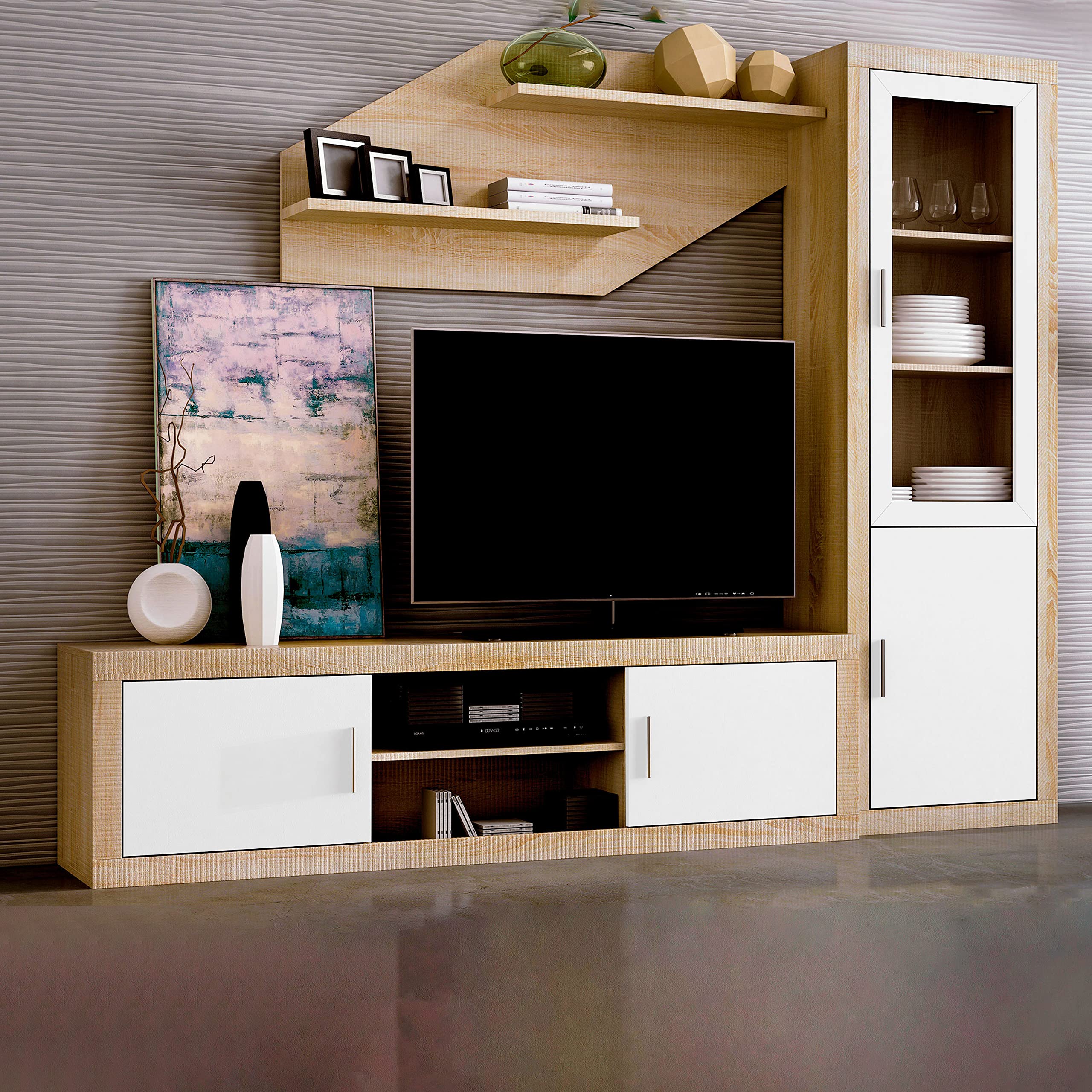 duehome | Salon Modular, Vitrina Reversible con 2 Puertas, Composicion Salon por Piezas, Modelo Nuka, Acabado en Cambria y Blanco, Medidas: 60 cm (Largo) x 193,2 cm (Alto) x 34,6 cm (Fondo)