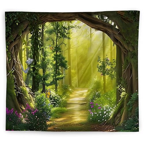 WNAGT Green Enchanted Forest Tapestry Wall Hanging, Cottage Core Decor, Magical Fantasy Sunray Woods Butterfly Botanical Wall Blanket Decor for Home Bedroom Living Room Office, 50x60 Inch