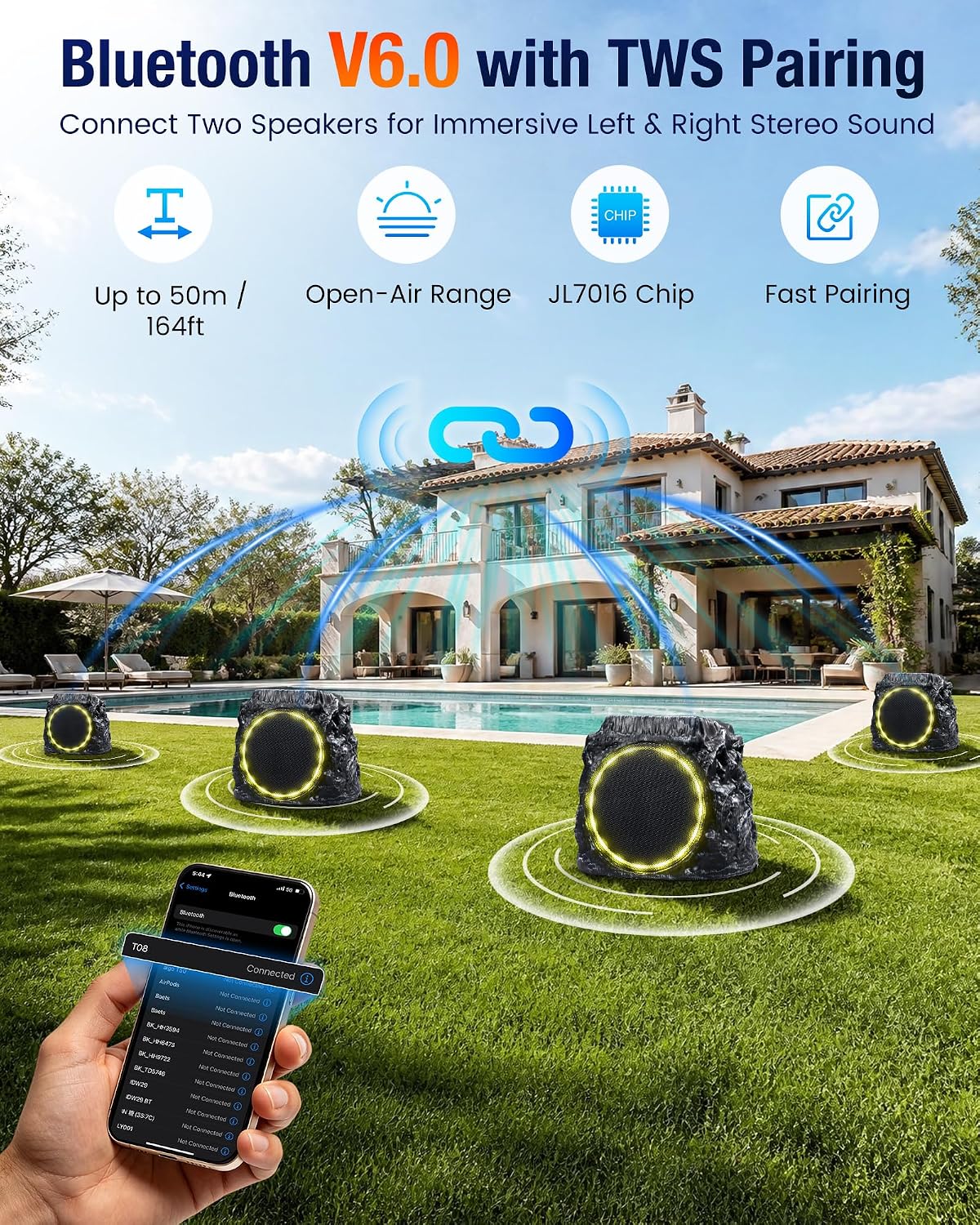 Upgraded Outdoor Rock Bluetooth 6.0 Speaker 60W Deep Bass Wireless Outdoor with Solar Charging, Remote Control,IPX7 Waterproof Speaker with Perfect for Pool,Garden,Patio - 1 Packs