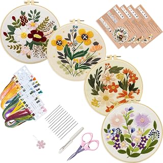 Bonroy 4-Pack Beginner Embroidery Kit - Easy Sewing Set with Patterns, Hoops, Threads & Instructions for Crafts
