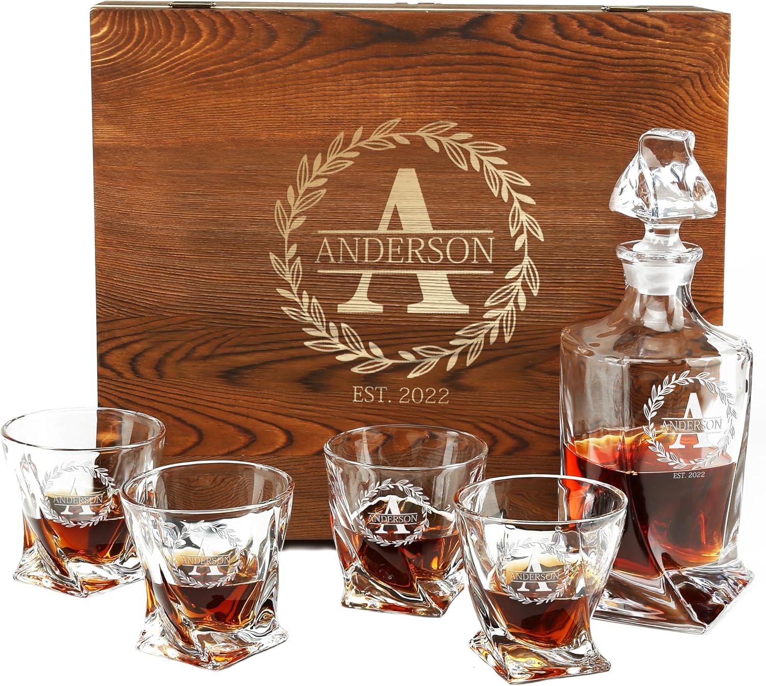 Personalized Whiskey Decanter and Glasses Set - Customized in USA Gift for Him - Men, Dad, Father, Brother, Son - Engraved 30 oz/ 890ml Twisted Whiskey Decanter, 4 XL Glasses in Wooden Gift Box