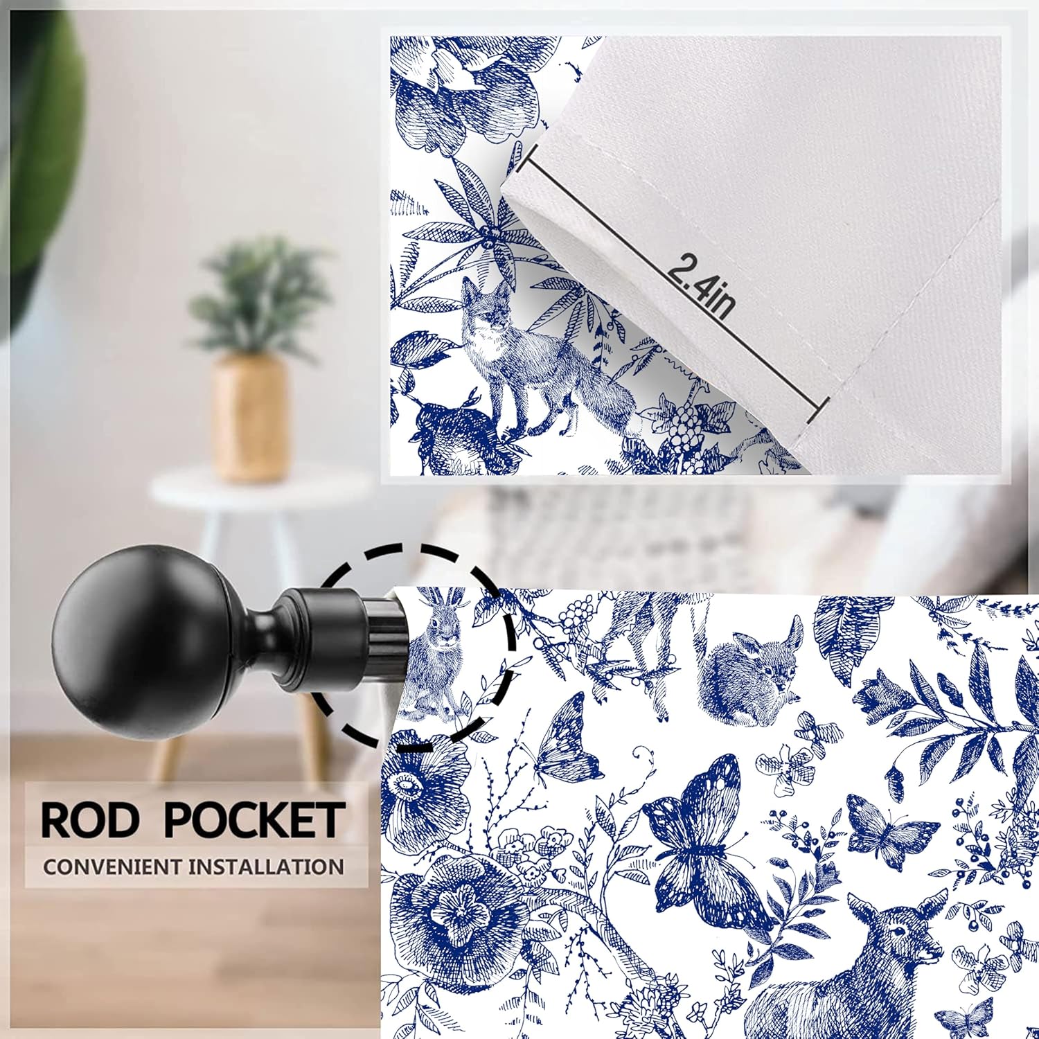 Worltoldb Blue Floral Kitchen Curtains Cafe Curtains for Bathroom Dining Room Living Room Pocket Window Drapes 2 Panels Set 28"x36"