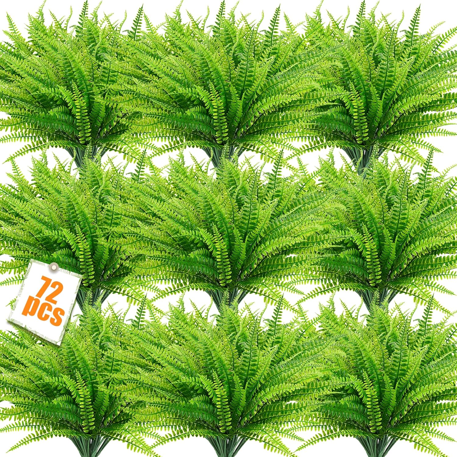 72 Pcs Artificial Boston Fern Plants, UV Resistant Faux Greenery Outdoor Plants, Fake Ferns for Office, Porch, Window, Home Spring Summer Decor