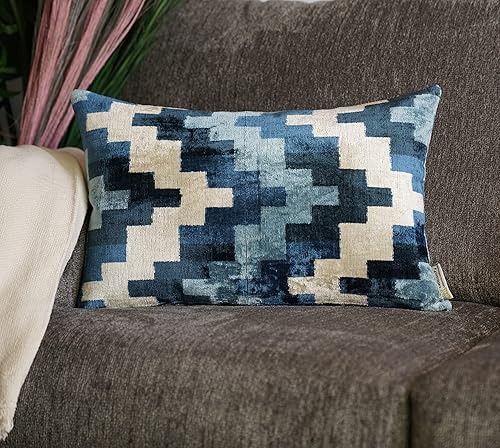 Miniatura 7 de Almohada decorativa hecha a mano con funda de cojín rellena de plumón, color azul, funda de cojín lumbar de seda de terciopelo suave para sala de