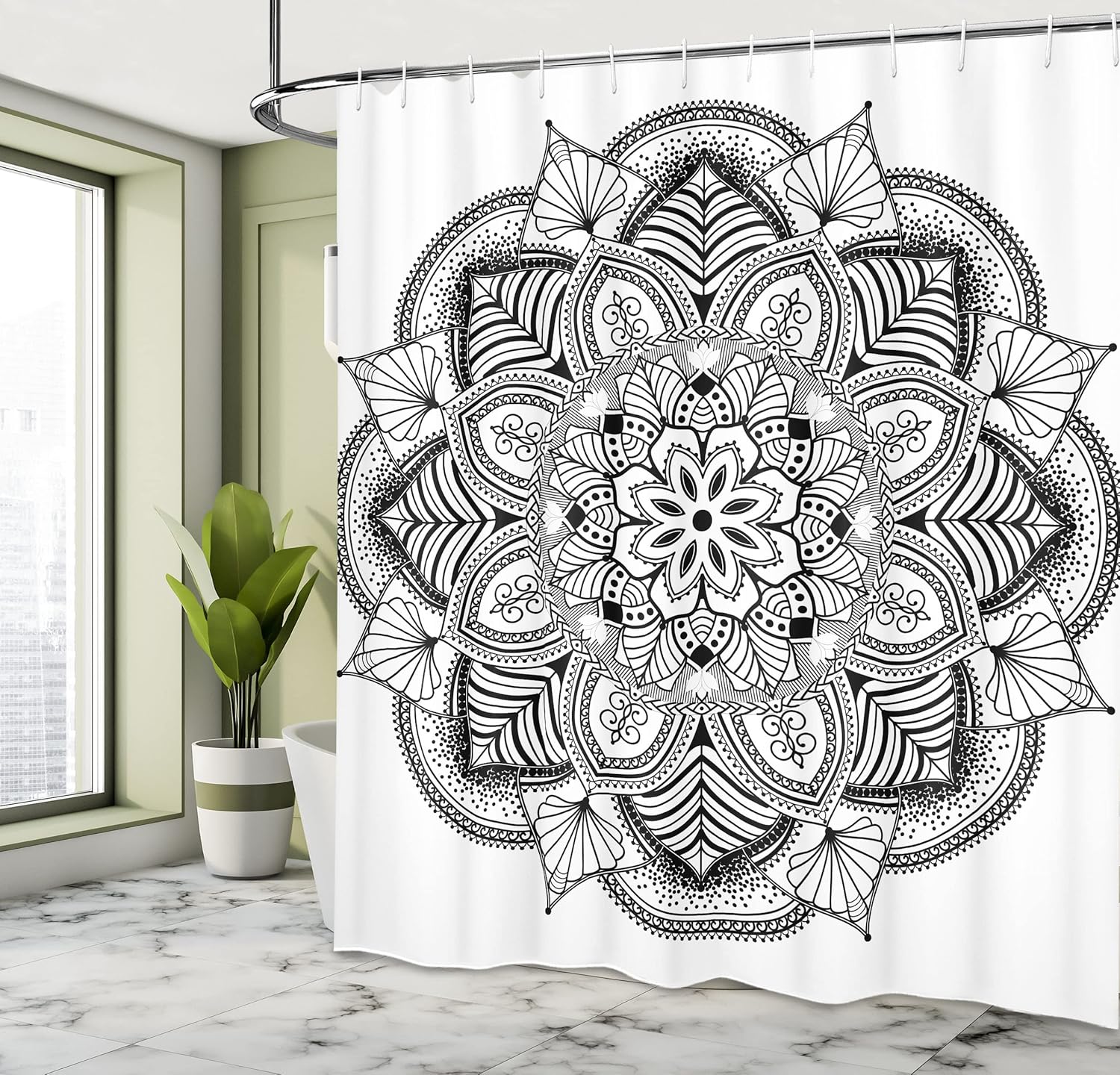 Ambesonne Mandala Shower Curtain, A Ringed Floral Pattern with an Ornate Tile and Lines Bohemian Circle Motif of an Illustration, Fabric Bathroom Decor Set with Hooks, 69" W x 75" L, Charcoal White