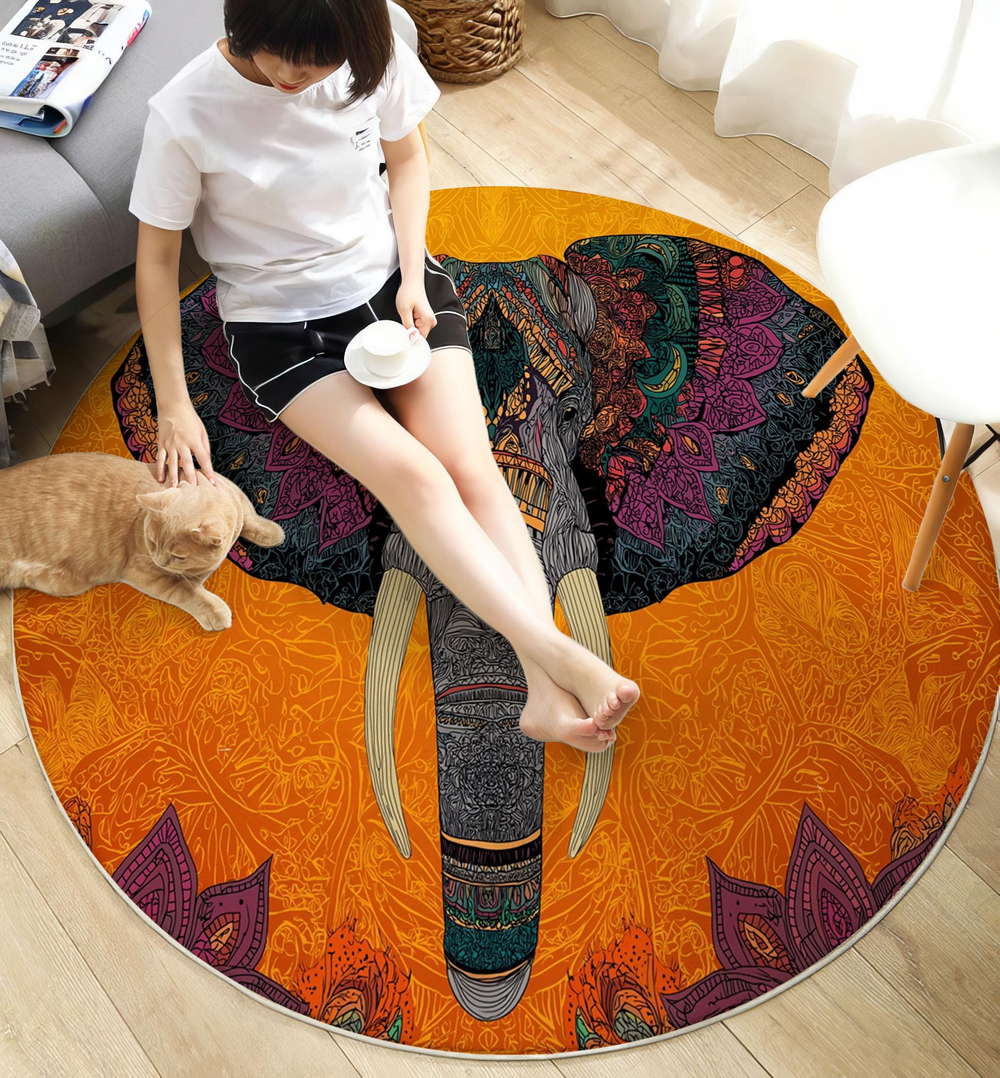 Tapis Rond à Poils Ras Tête D'Éléphant Mandala Antidérapant Lavable Tapis de Sol Motif Cachemire Moquette Décoration pour Salon Chambre Canapé Descente de lit, 120cm, Couleur Orange