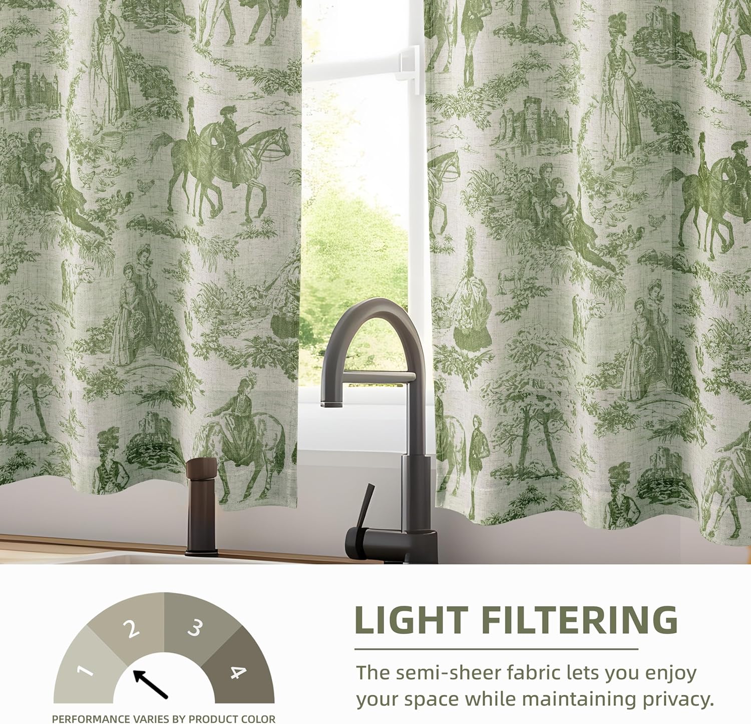 DriftAway Kitchen Curtains Toile Tier Linen Short Curtains Cafe 36 Inch Length for Living Room Bathroom Farmhouse French Country Vintage Printed Pattern Rod Pocket 2 Panels Loden Green