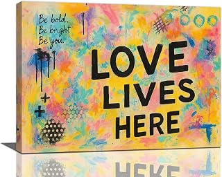 Crekviy Banksy Wall Art Street Graffti Wall Decor Romantic Love Canvas Prints Painting Love Lives Here Artwork Decorations for Bathroom Bedroom Living Room Framed Gifts 12"x16"