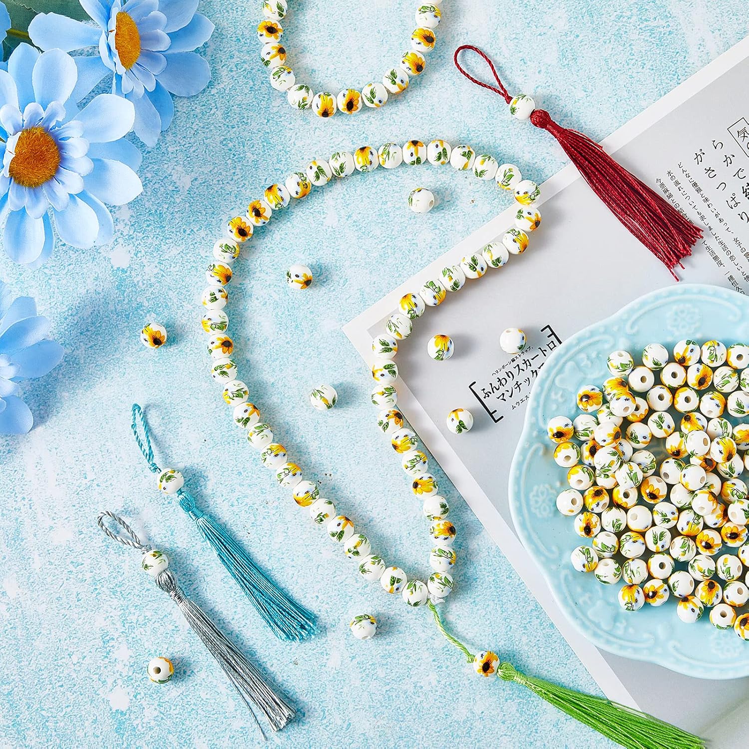 Hicarer 200 Pcs Ceramic Sunflower Beads 10 mm Summer Flower Ceramic Bead Round Porcelain Spacer Beads for Valentine's Day DIY Gifts Necklaces Earrings Bracelets Crafts Jewelry Making - Image 5
