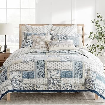 Levtex Home - Aliza Quilt Set - Full/Queen Quilt and Two Standard Shams - Printed Patchwork - Blue, Navy, Taupe and Cream - Quilt 88x92in. and Shams 20x26in. - Reversible - Cotton