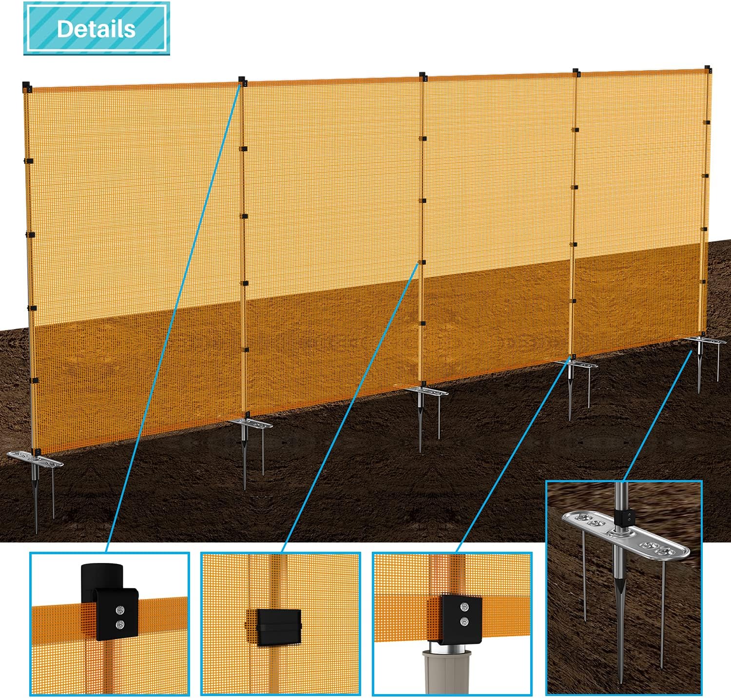 Coarbor Outdoor Removable Fence Kit Mesh Screen Fencing Panel with Poles Ground Spikes Fence for Pools Dogs Backyard Chicken Veggie Garden Yard Barrier Portable Movable Fence Orange 6'x24'