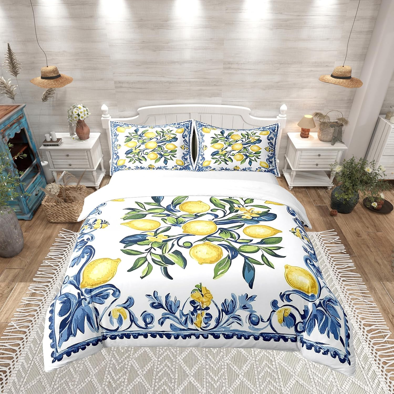 Farmhouse Style Pure Cotton Duvet Cover Queen,Girls Boys Kids Botanical Lemon Pattern Bedding Set,Summer Lemon Comforter Cover Bedding 3 Pieces (No Comforter),Yellow Green Quilt Cover,2 Pillowcases