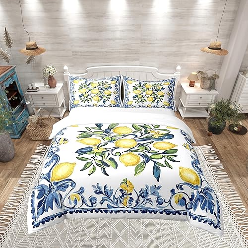 Farmhouse Style Pure Cotton Duvet Cover Full,Girls Boys Kids Botanical Lemon Pat