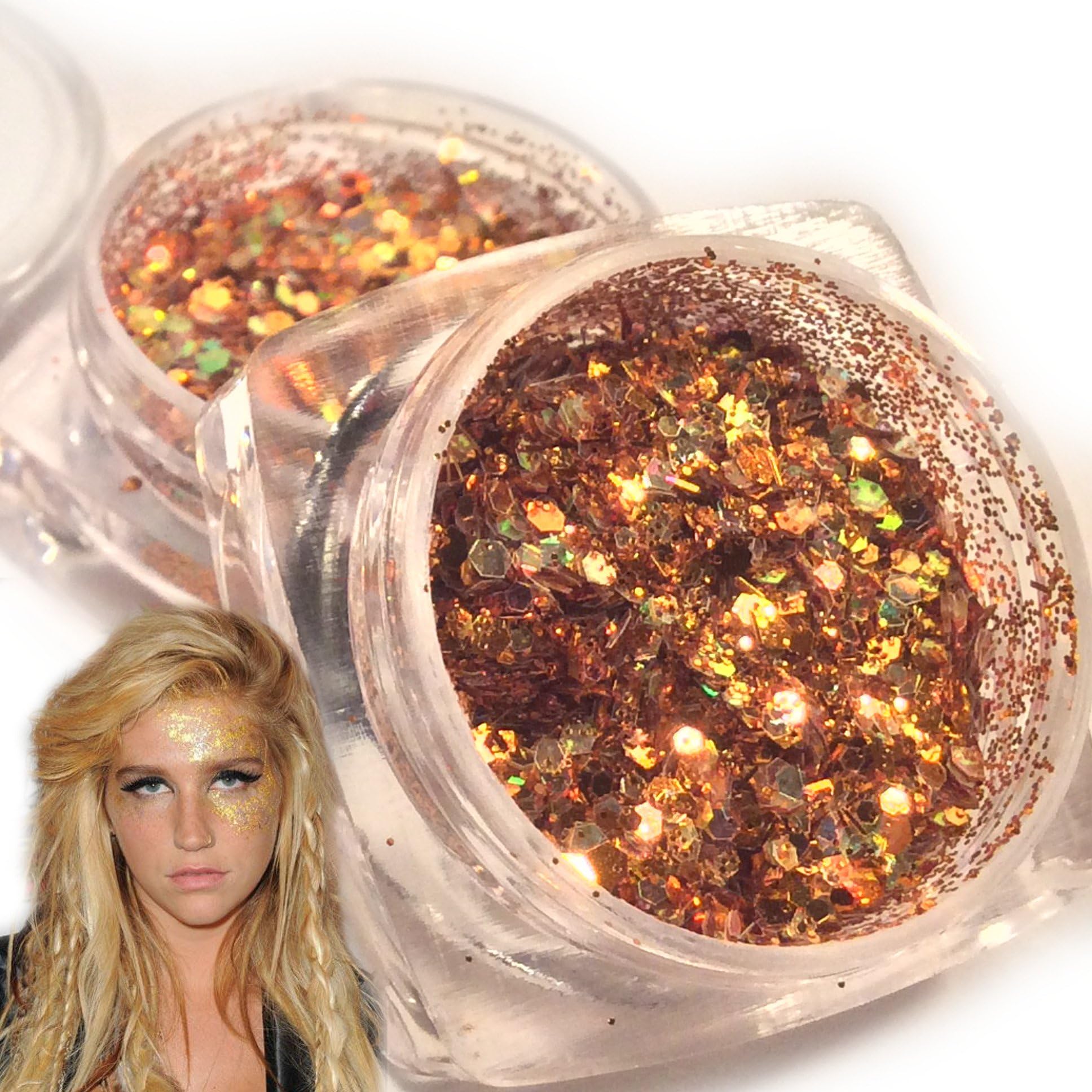 Gold copper chunky face glitter for festival body hair and orange cosmetic make up sequins
