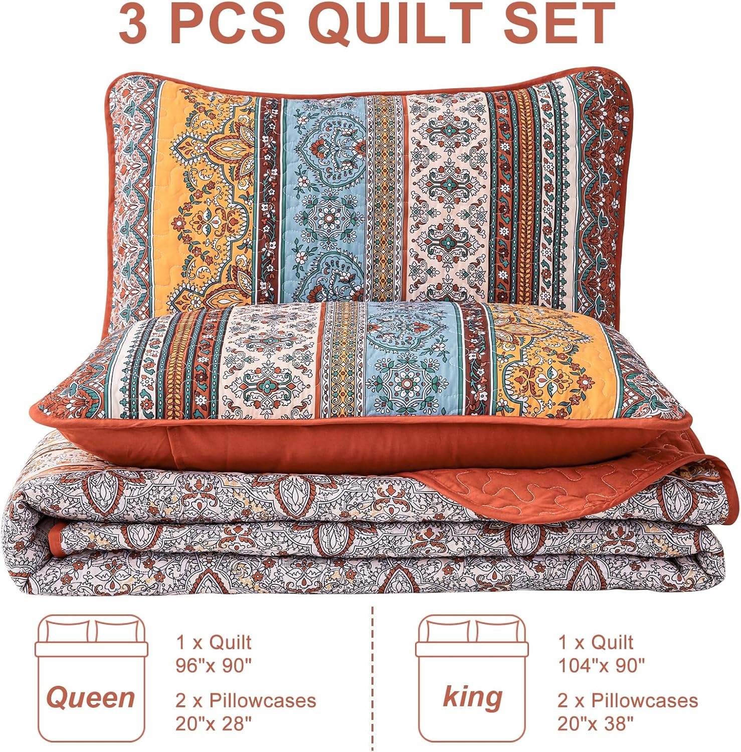WONGS BEDDING Boho Quilt Set King Size Burnt Orange, 3 Pieces Fall Striped Bedspread Coverlet Set, Christmas Halloween Soft Lightweight Microfiber for All Season(104"×90") - Image 7