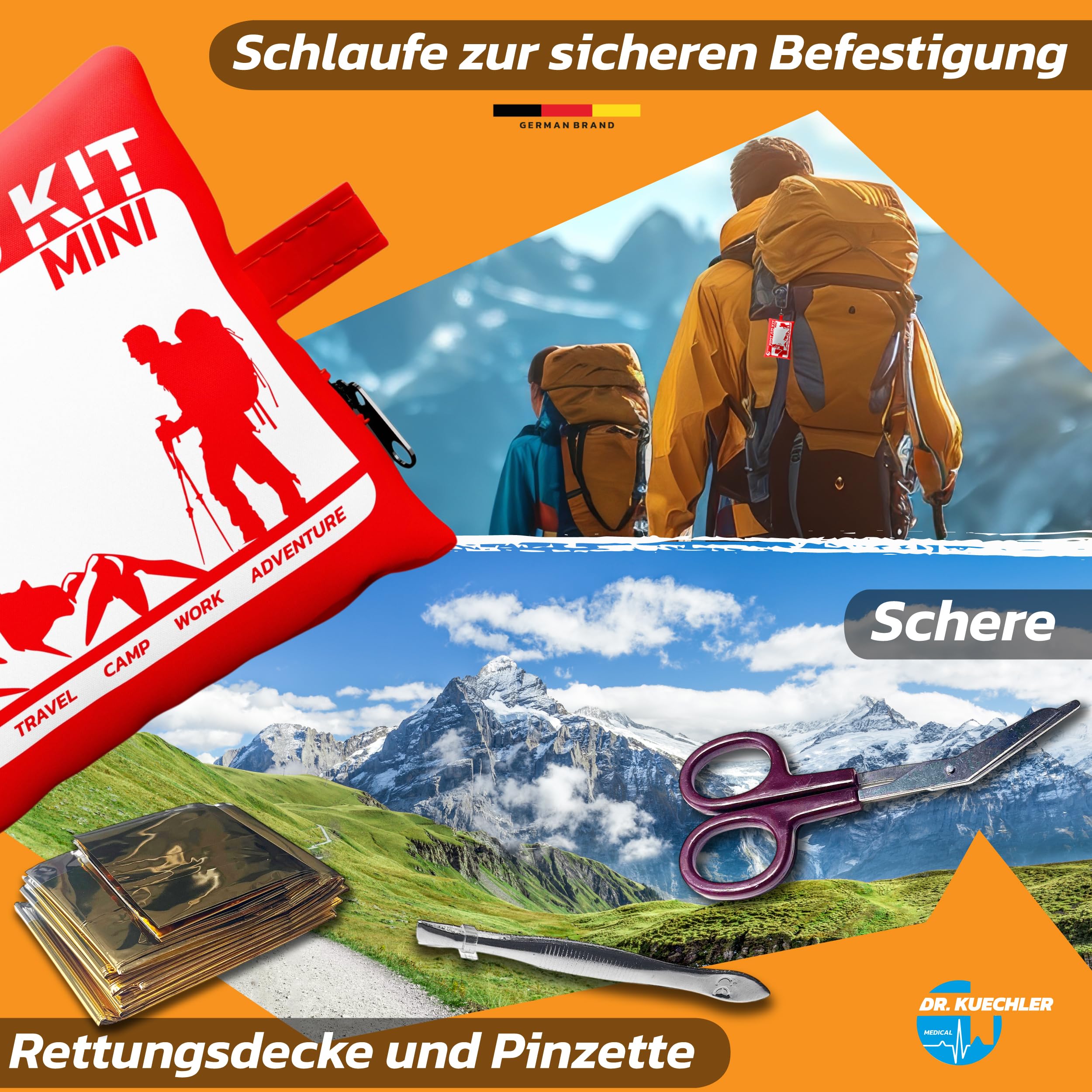 Dr. Küchler Medical Erste-Hilfe-Set Mini - Ultrakompaktes First Aid Kit (14×9×4 cm) für Outdoor, Wandern, Fahrrad & Reise - 29 Teile mit Pflastern, Wundauflagen & Schere, Color First AID KITS:rot