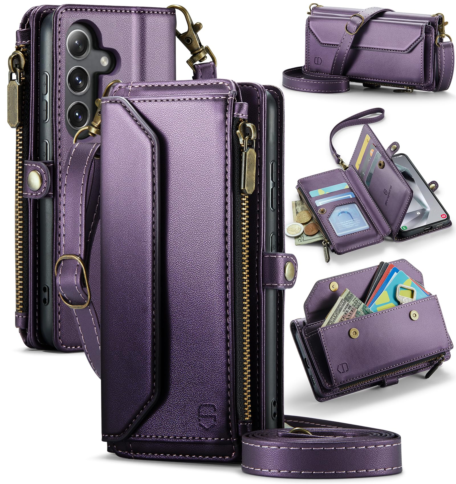 Strapurs Wallet Case Compatible with Samsung Galaxy S25 5G RFID Blocking Card Holder Soft PU Leather Magnetic Snap Shoulder Strap Zipper Pocket Phone