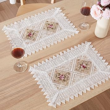 Warm Home Designs Floral White Lace Placemats Set of 2. VTP White 18