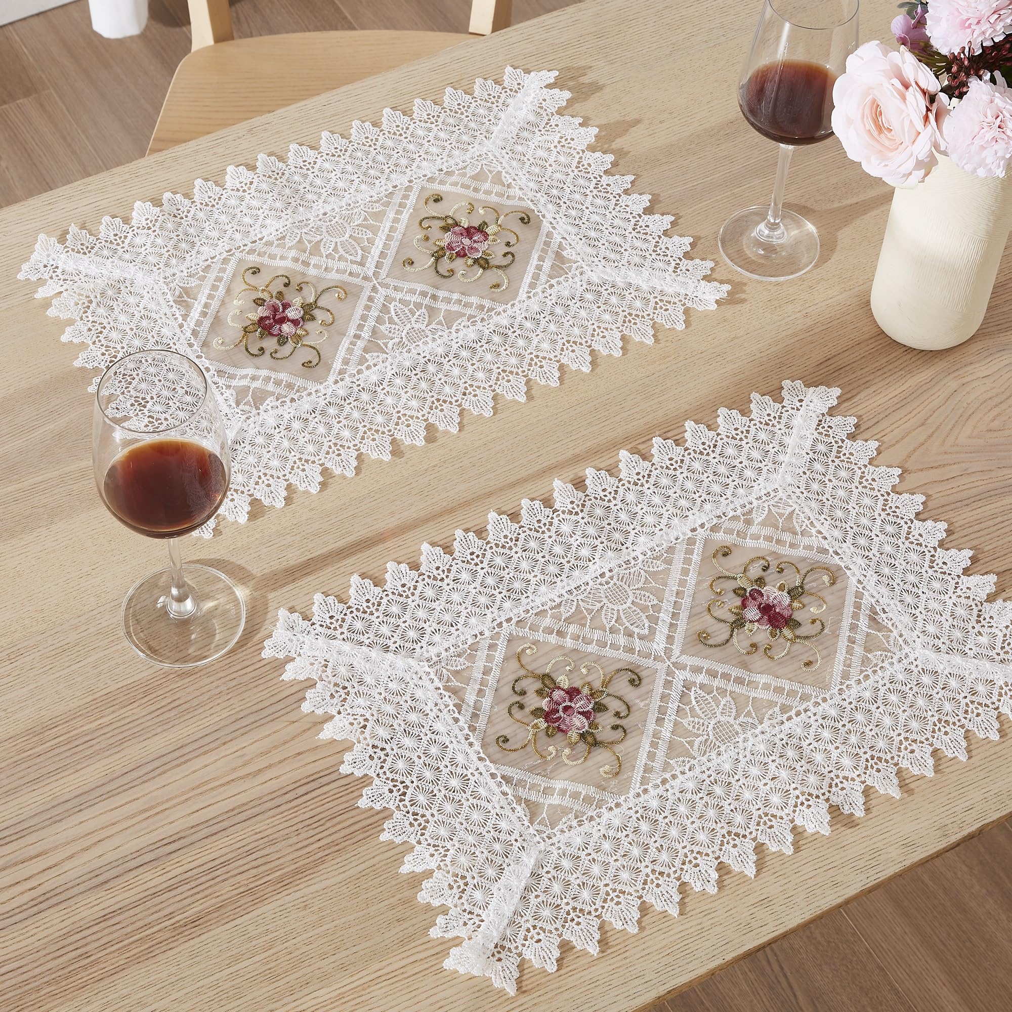 WARM HOME DESIGNS White Lace Placemats Set of 2. 18 Inch Crochet Doilies are Embroidered with Intricate Flower Design. Can Be Used As Lace Doilies for