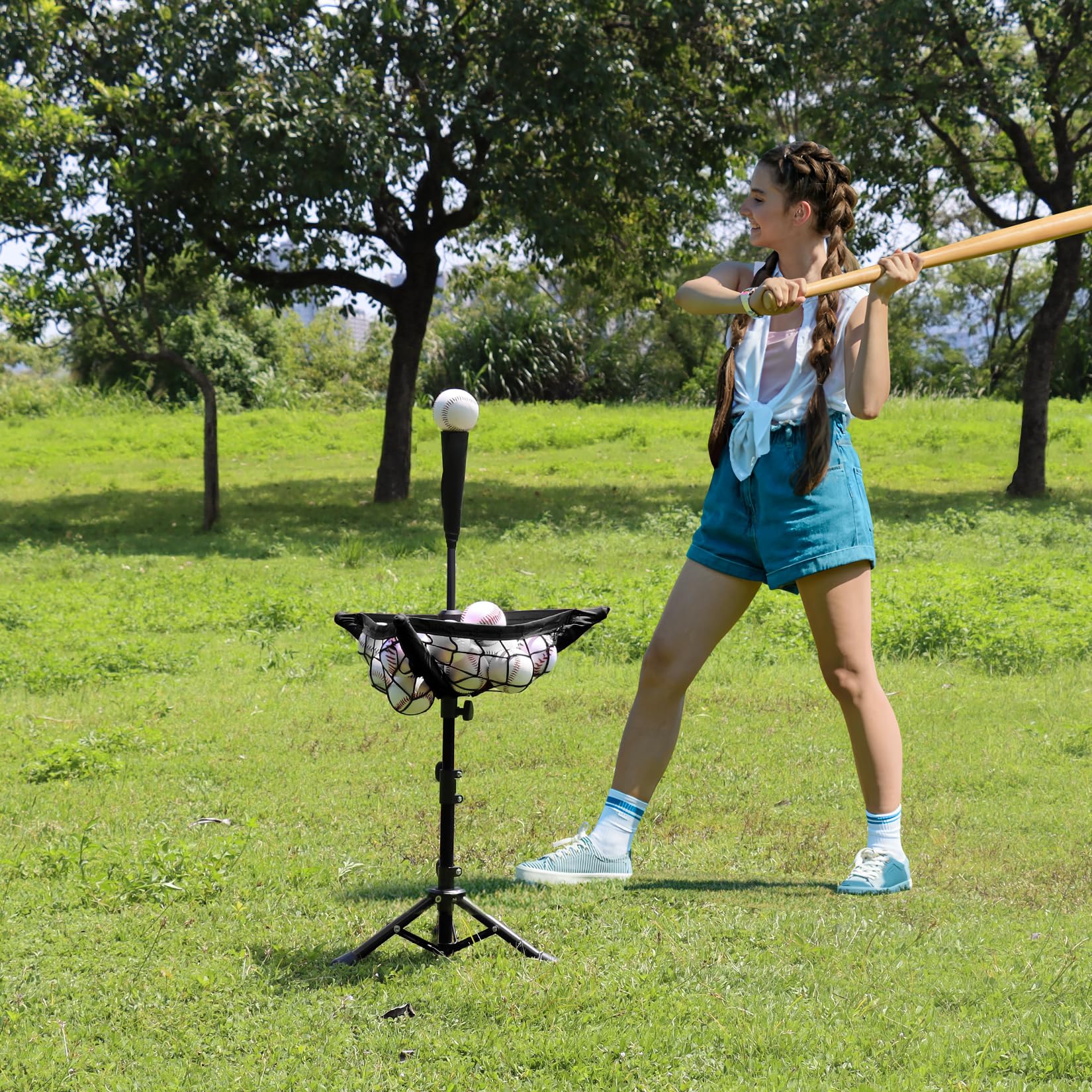 BaseGoal Batting Tee Baseball-T-Shirt, Softball-Reise-T-Shirt, tragbar, Stativ, Gummi-Tee für Schlagtraining, Übungen, mit Baseball-Caddy und Tragetasche