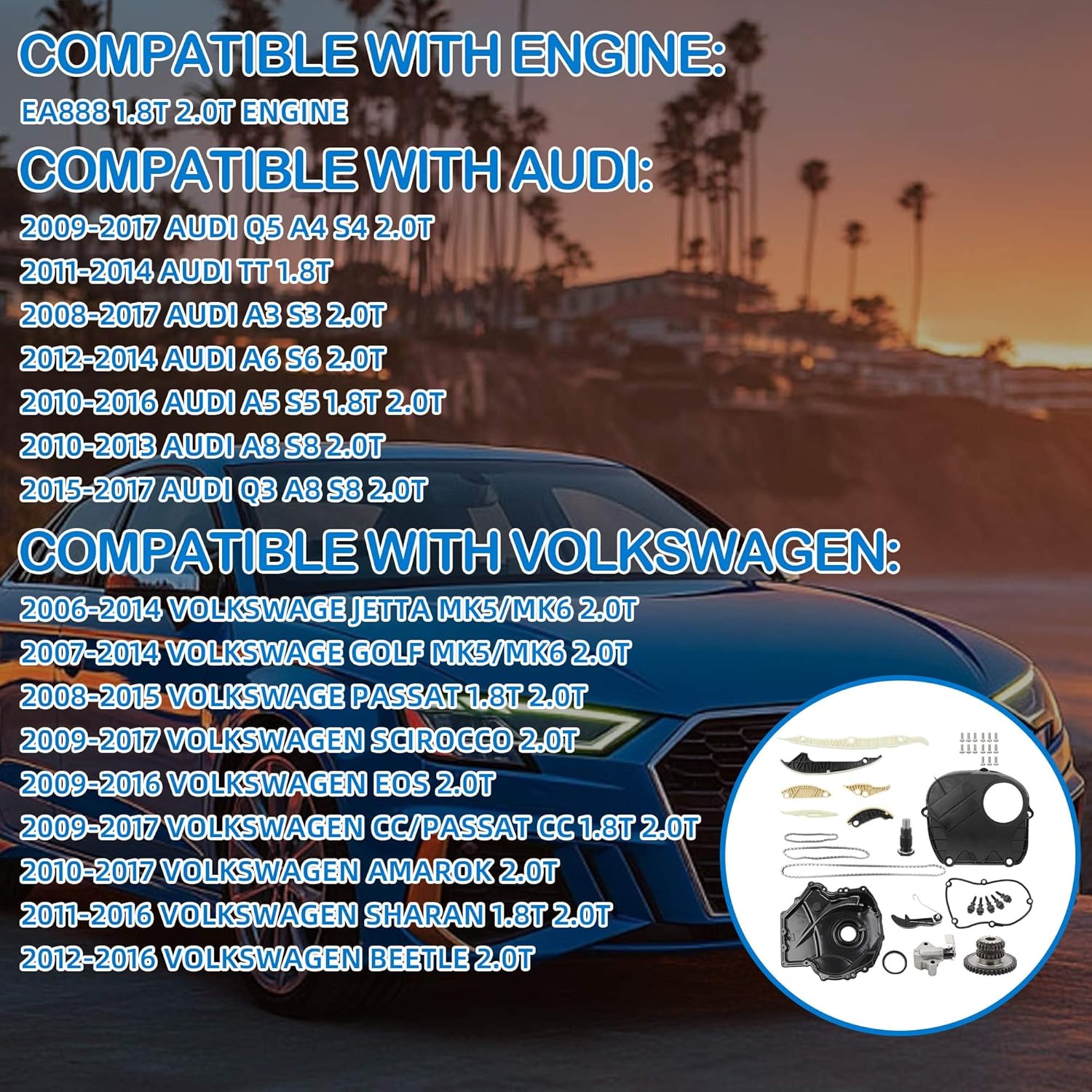 1.8T 2.0T EA888 Engine Timing Chain Set With Upper Front Timing Cover Compatible With 2008-2017 Audi Q5 A4 S4 TT A3 A6 A5 A8 Q3 2006-2017 Volkswagen Jetta Golf Passat 06H109467AF