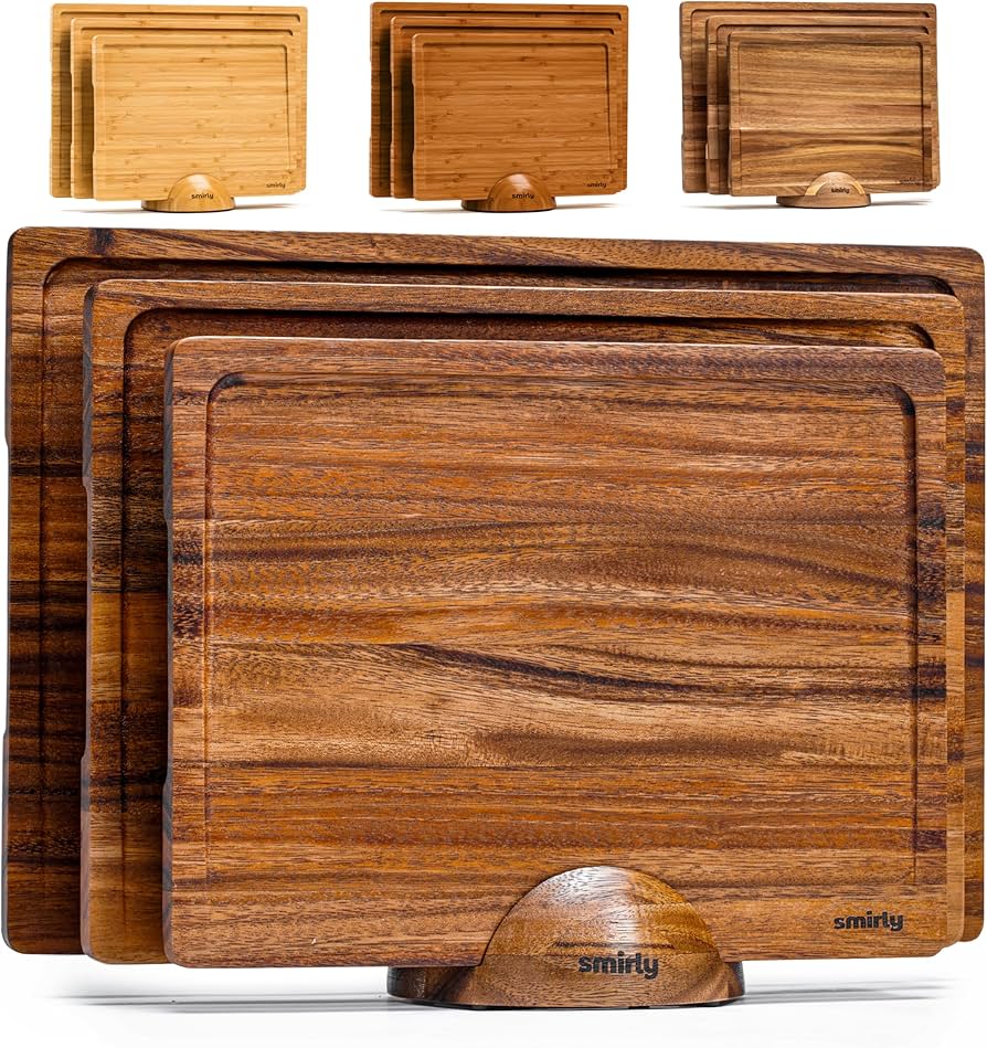 SMIRLY Bamboo Cutting Board Set With Holder - Wood Cutting Boards for Kitchen, Wooden Chopping Board