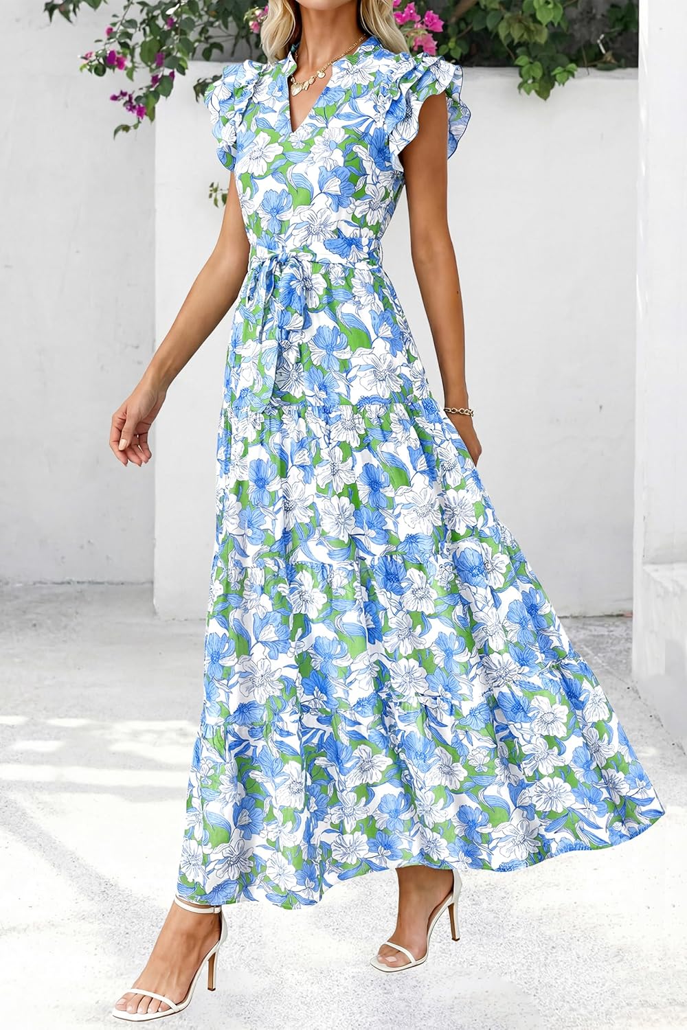 dowerme Women Summer Maxi Dresses 2026 Ruffle Sleeve V Neck Floral Boho Long Dress Belted Tiered Sundress with Pockets