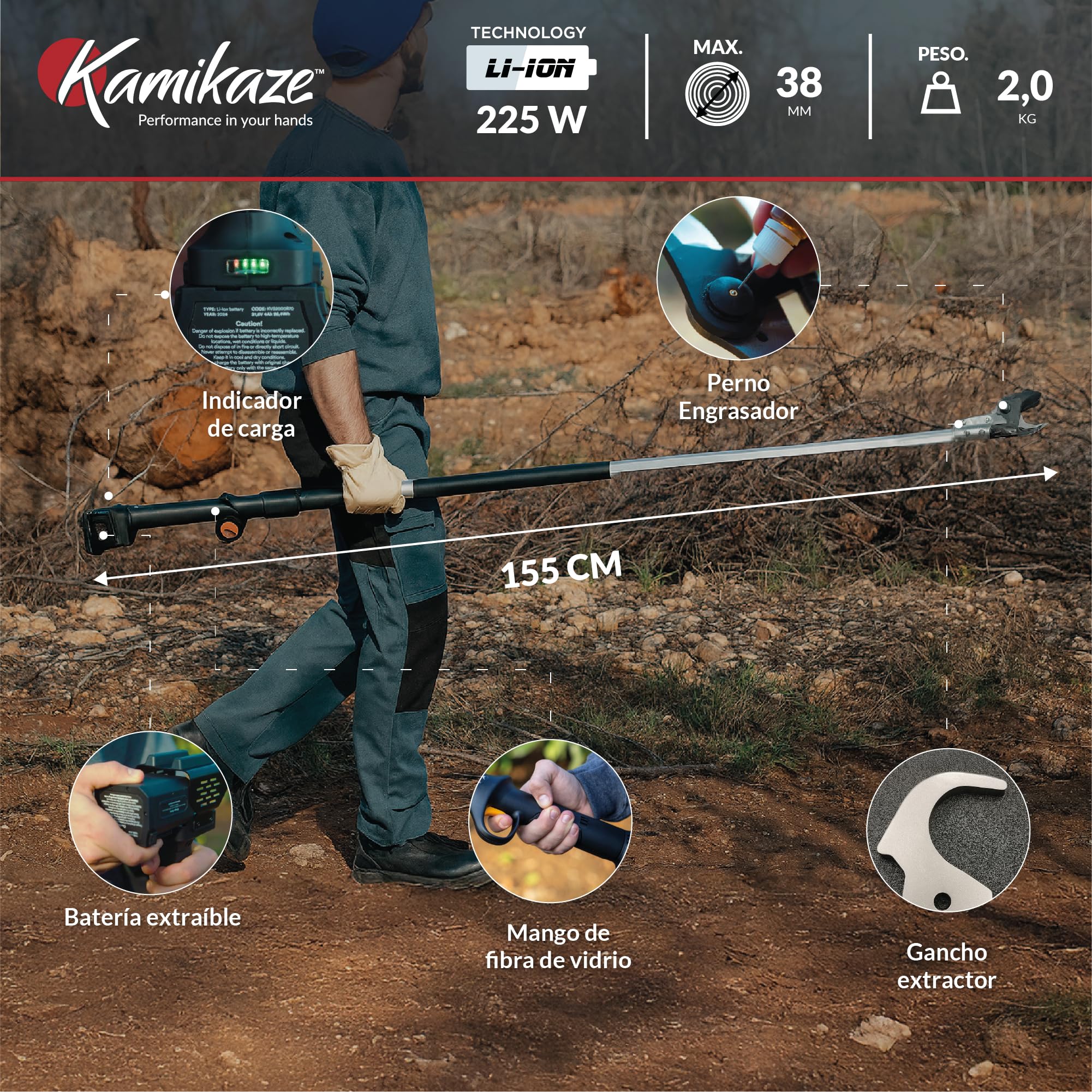 KAMIKAZE KV155. Tijera Eléctrica en altura sin cables. Corte Ø 40 mm. Longitud pértiga 155 cm. Hasta 8 horas autonomía. Incluye dos baterías de litio recargables. Poda Eléctrica