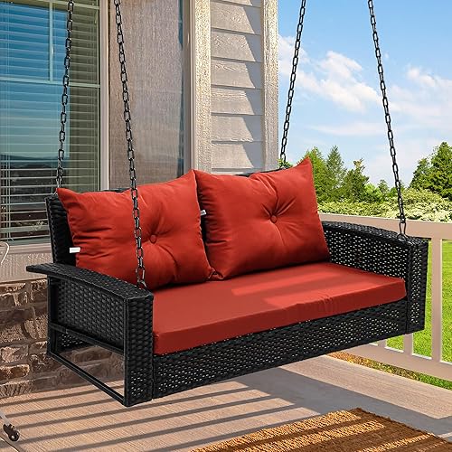 YITAHOME Silla oscilante colgante de mimbre de 2 asientos, para exteriores, ratán negro, con 2 cojines de respaldo, capacidad de 530 libras para